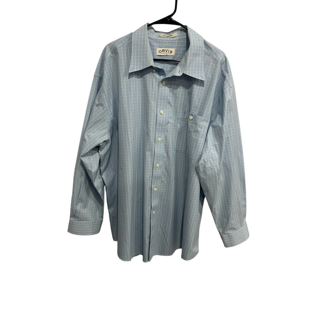 Orvis Check Plaid Long Sleeve Button Front Shirt Blue White Sz XXL Formal Office